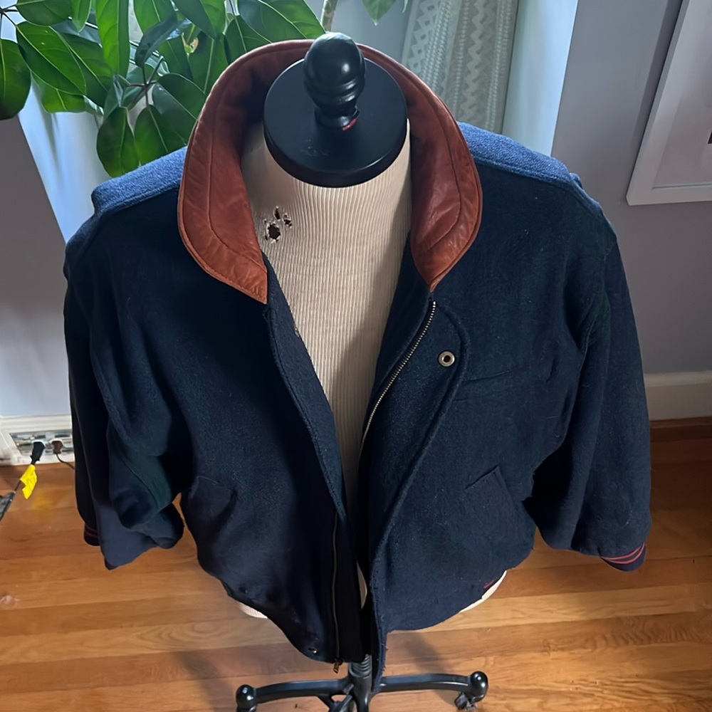 Gant Navy Bomber Jacket with Brown Leather Collar. - Picture 2 of 15